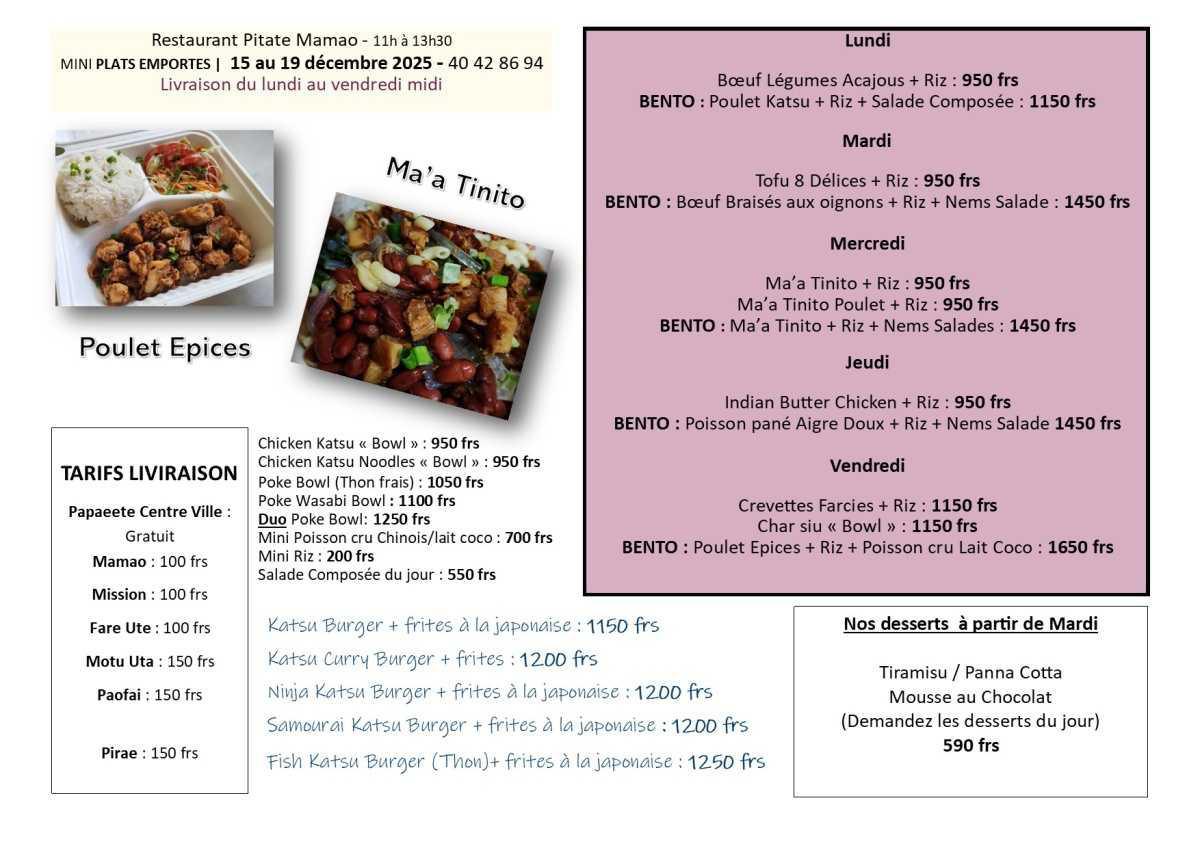 🥗🍖 Menu de la semaine du 15 décembre au restaurant Pitate Mamao 🍰