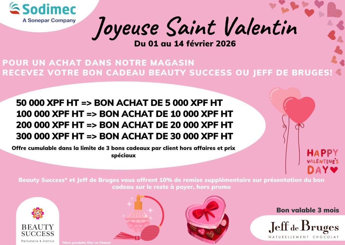 🎉 Offre exclusive du 1er au 14 février : Bon cadeau Beauty Success ou Jeff de Bruges chez SODIMEC! 🎉 🎉 Offre exclusive du 1er au 14 février : Bon cadeau Beauty Success ou Jeff de Bruges chez SODIMEC! 🎉