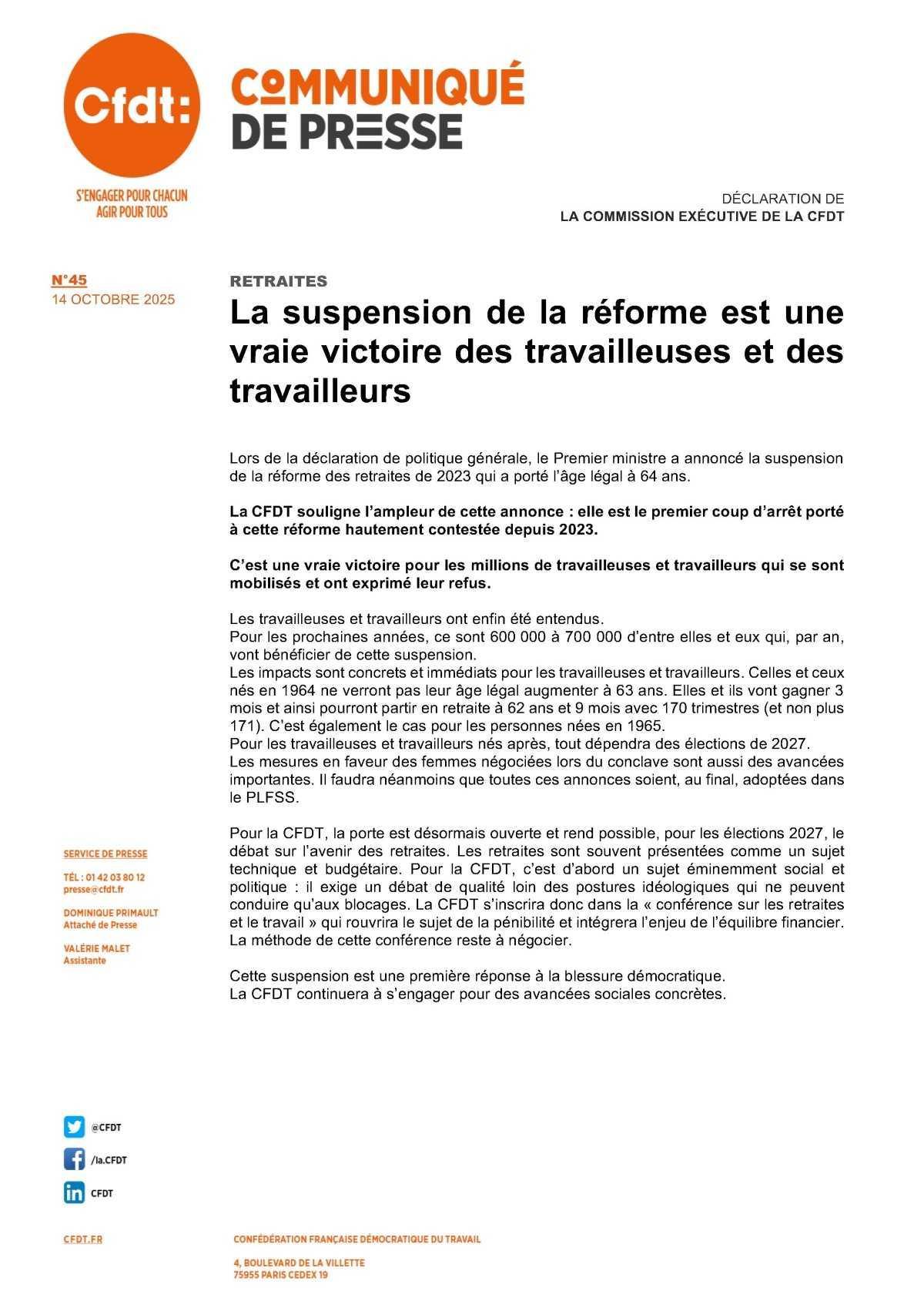 Retraites - Communiqué de presse CFDT Retraites - Communiqué de presse CFDT