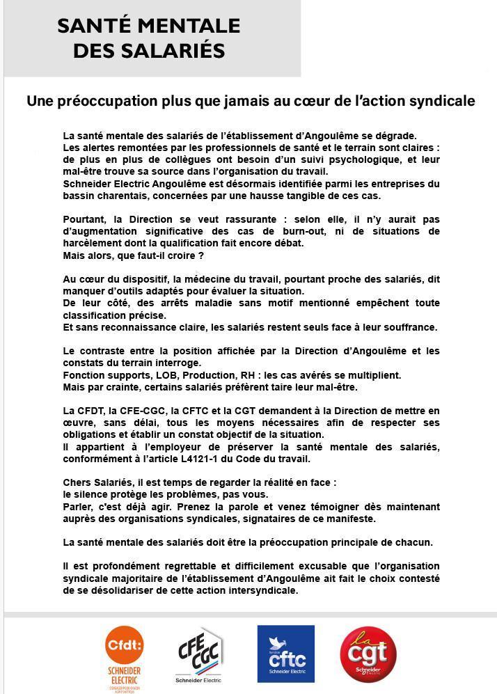 Santé mentale au travail : La CFE CGC et d'autres organisations syndicales alertent chez Schneider Electric Angoulême