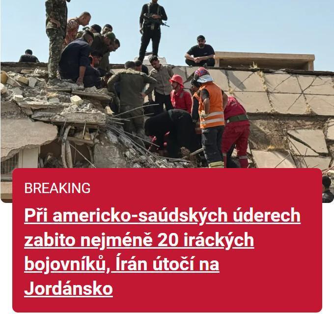 Válka v Íránu: 20 mrtvých při útoku USA a Saúdské Arábie na Irák; IRGC útočí na Jordánsko Válka v Íránu: 20 mrtvých při útoku USA a Saúdské Arábie na Irák; IRGC útočí na Jordánsko