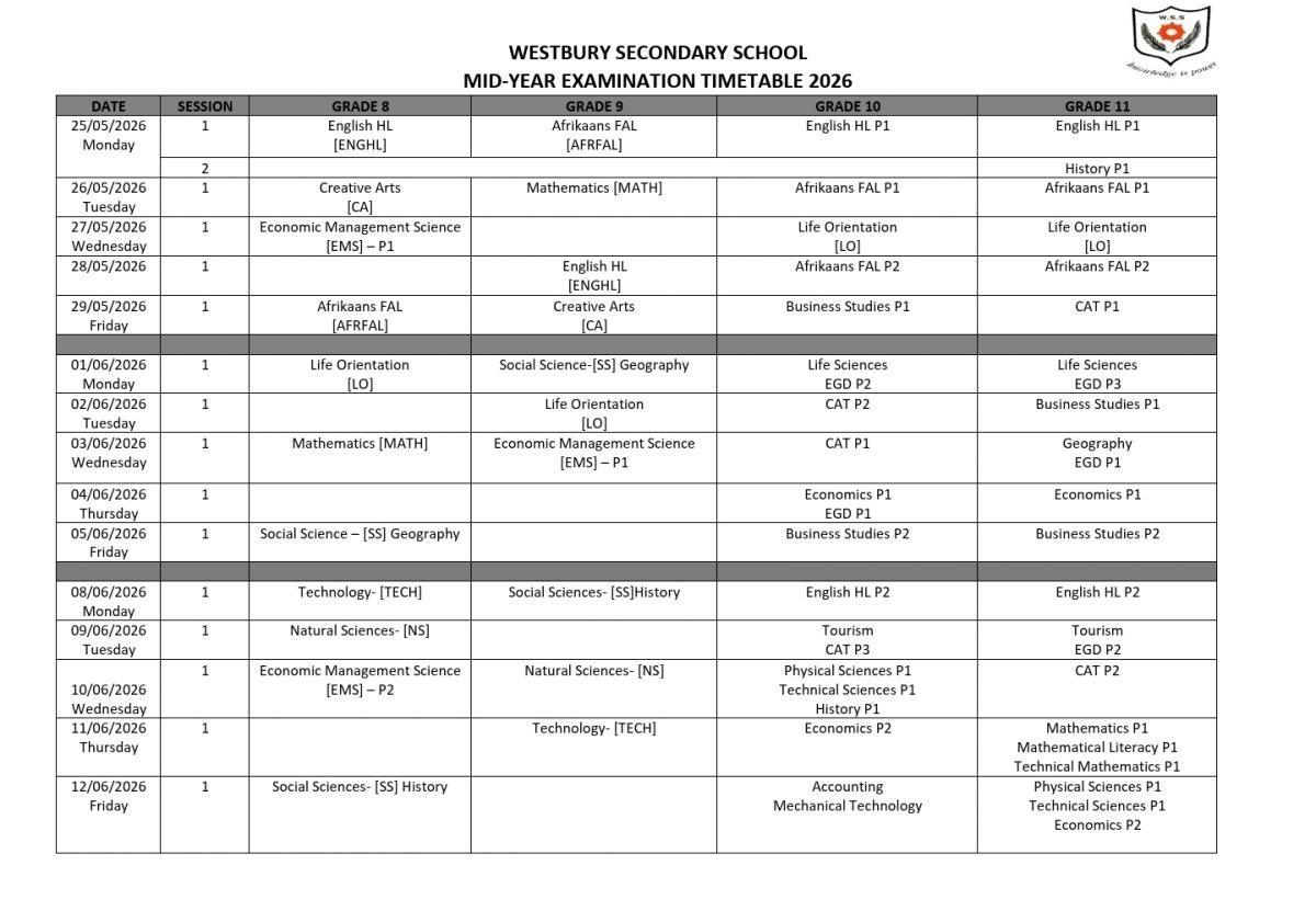 Mid - Year Exam Timetable Gr. 8 - 11