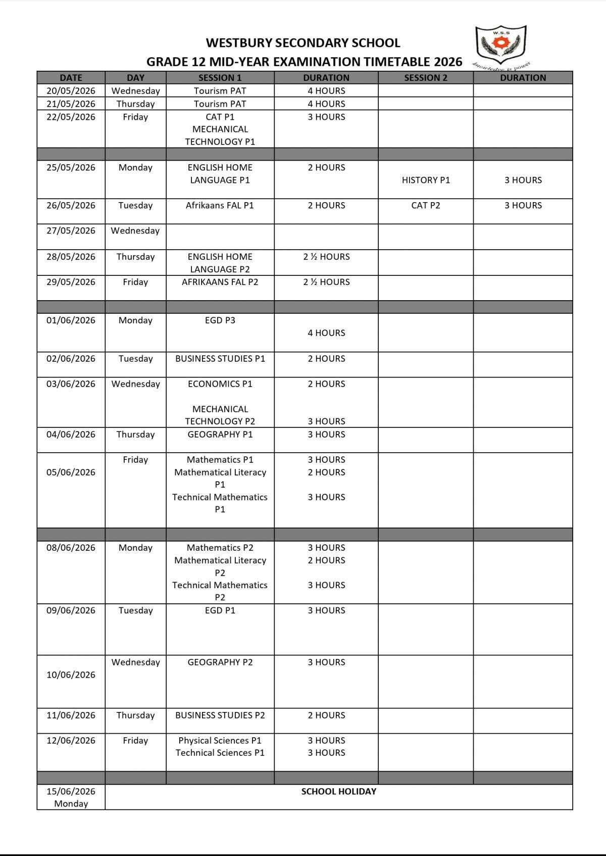 Grade 12 Mid-Year Exam Timetable