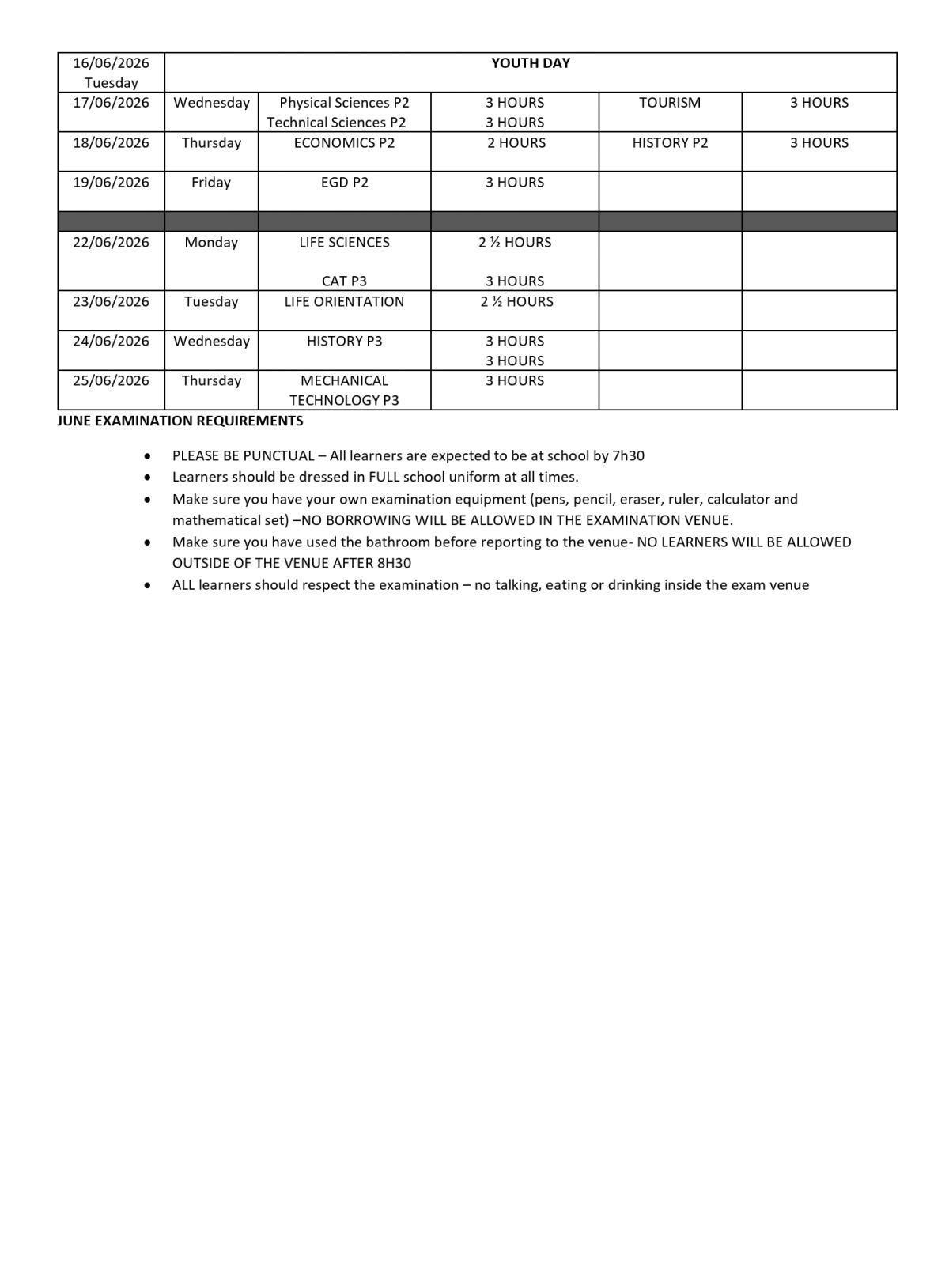 Grade 12 Mid-Year Exam Timetable Grade 12 Mid-Year Exam Timetable