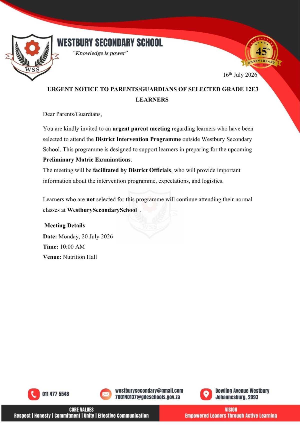 12E3 URGENT Parent Meeting Notice: Monday 20 July 2026