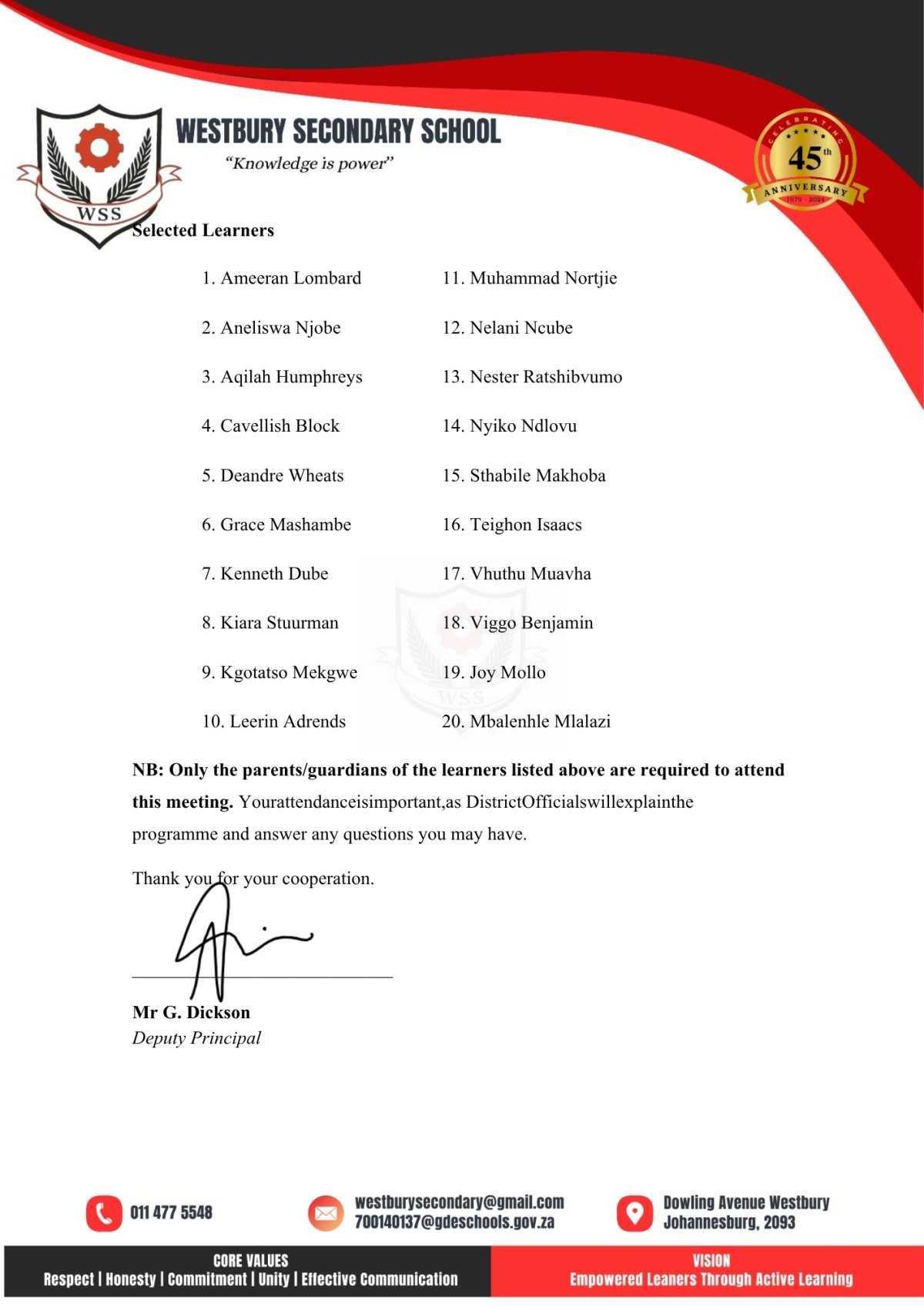 12E3 URGENT Parent Meeting Notice: Monday 20 July 2026