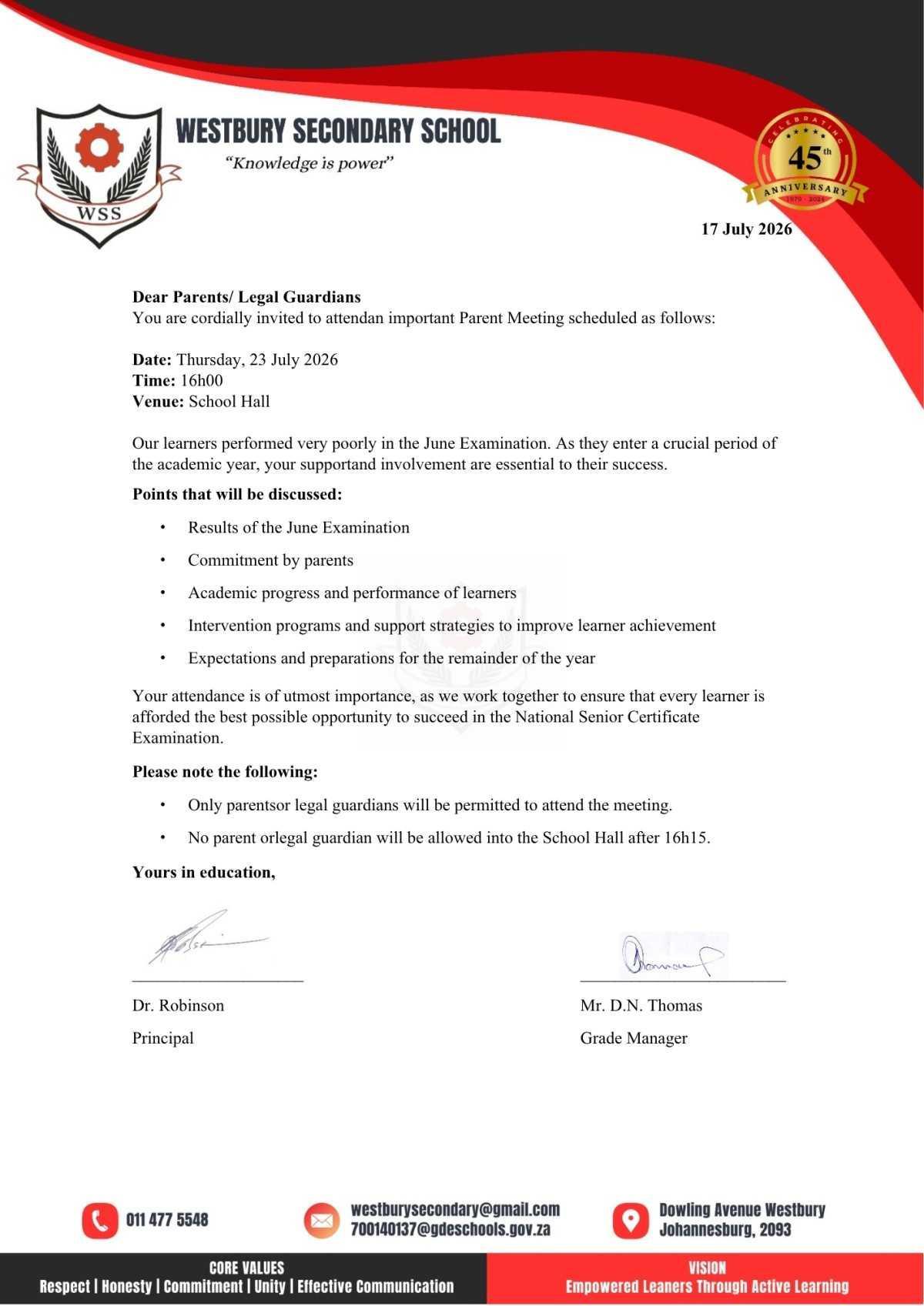 Grade 12 Term 3 Parent Meeting Notice 