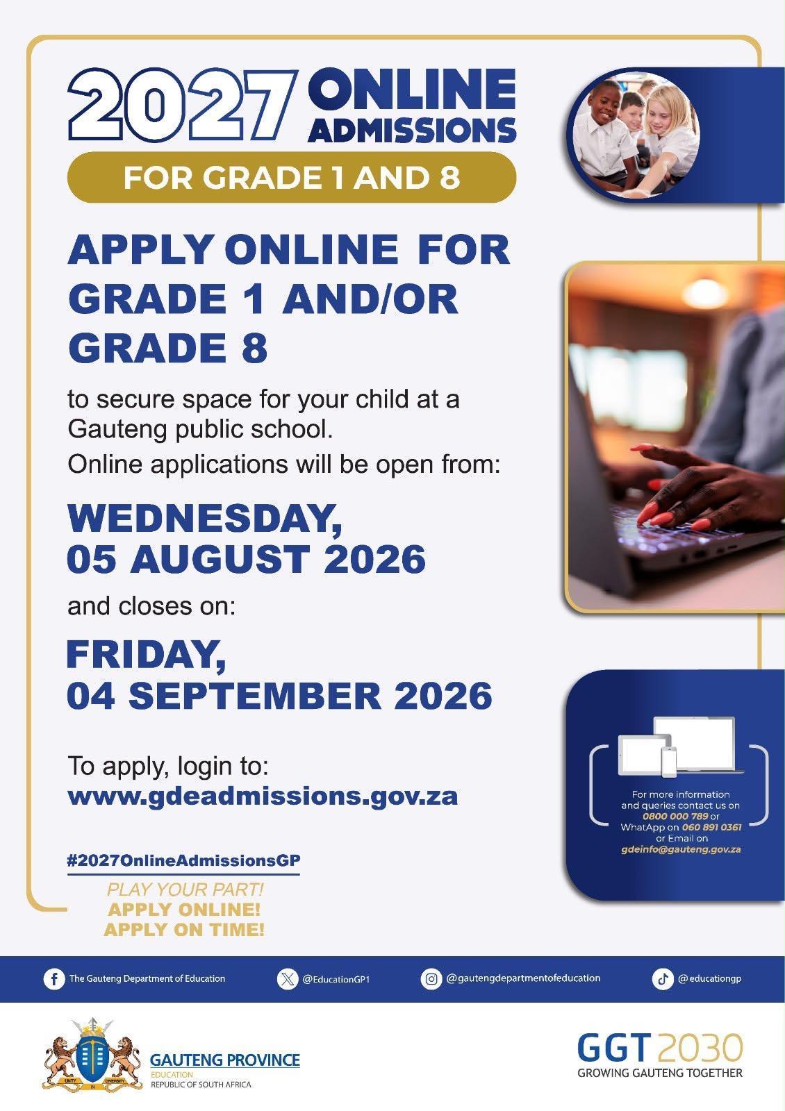 2027 ONLINE ADMISSIONS FOR GRADE 1 & GRADE 8