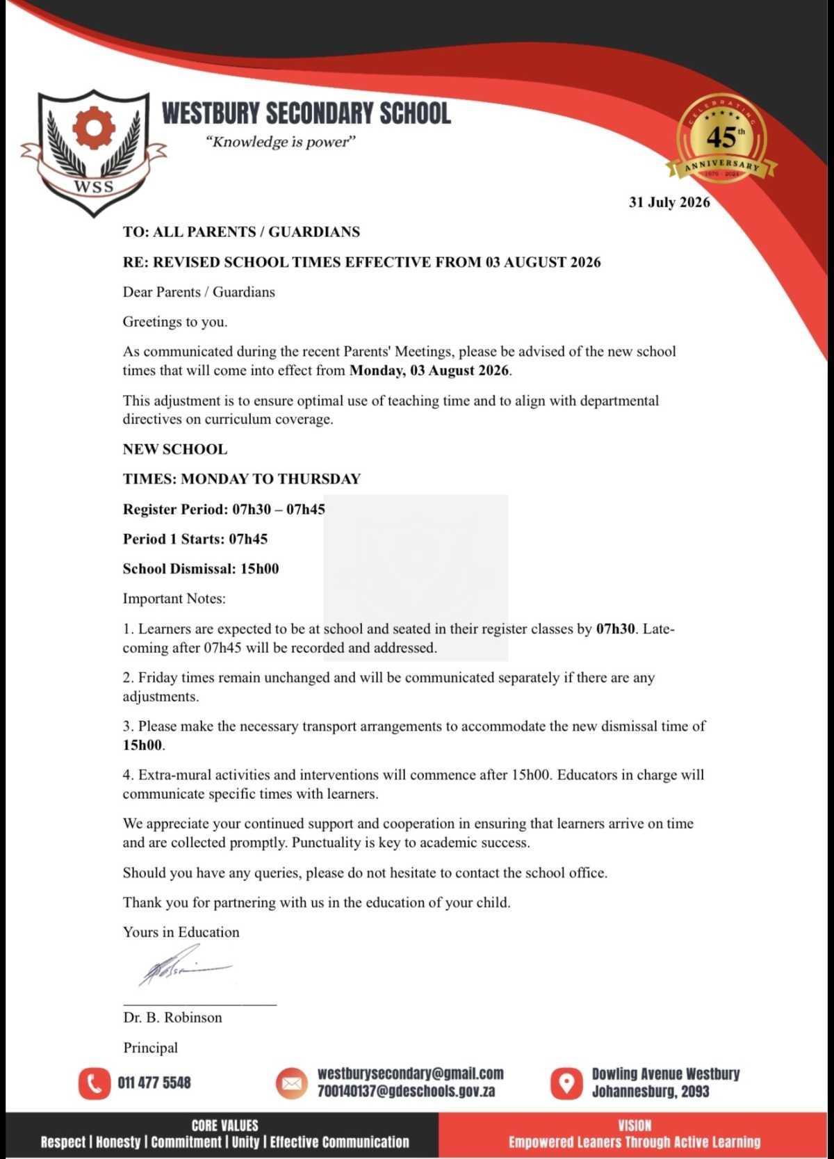 ‼️Revised School Times Notice‼️