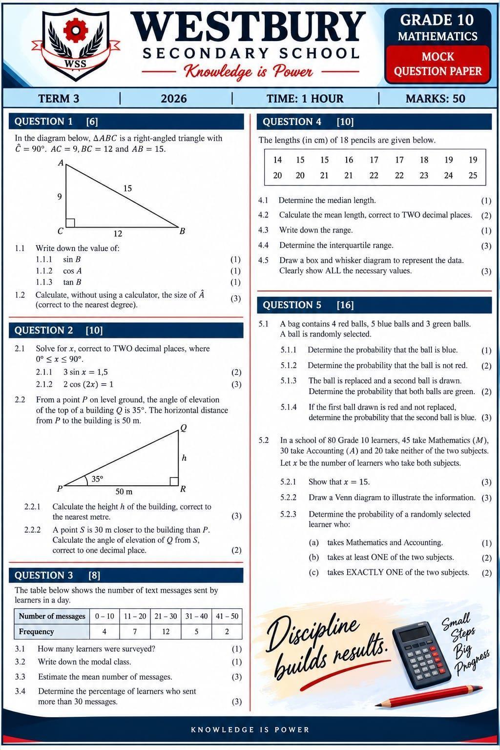 Grade 10 Mathematics Term 3 Control Test Practice Questions