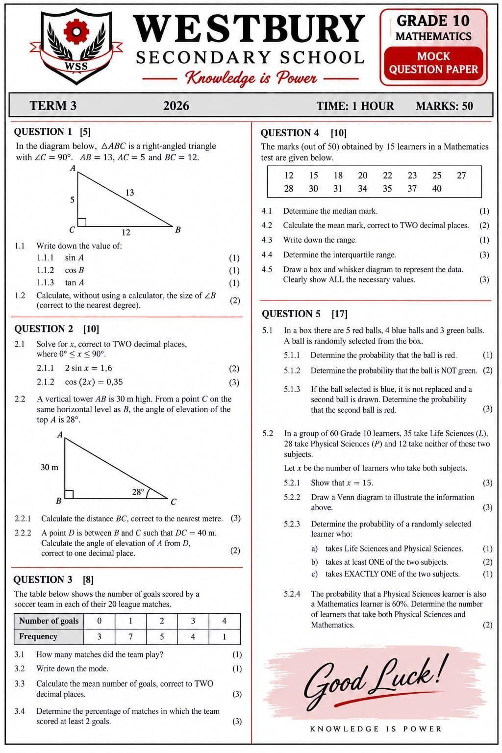 Grade 10 Mathematics Term 3 Control Test Practice Questions