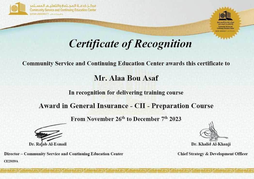 Certificate Mr. Alaa Bou Asaf