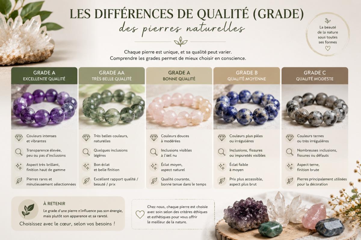 Comprendre la qualité des pierres naturelles : que signifient les grades A, AA, AAA, B, C, S et SE ?