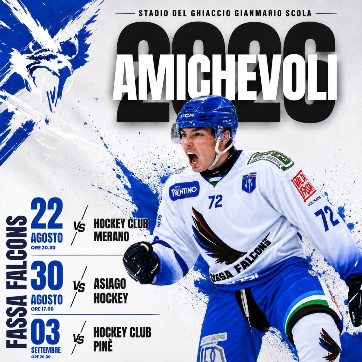 Amichevoli 2026 Fassa Falcons allo Stadio del Ghiaccio Gianmario Scola