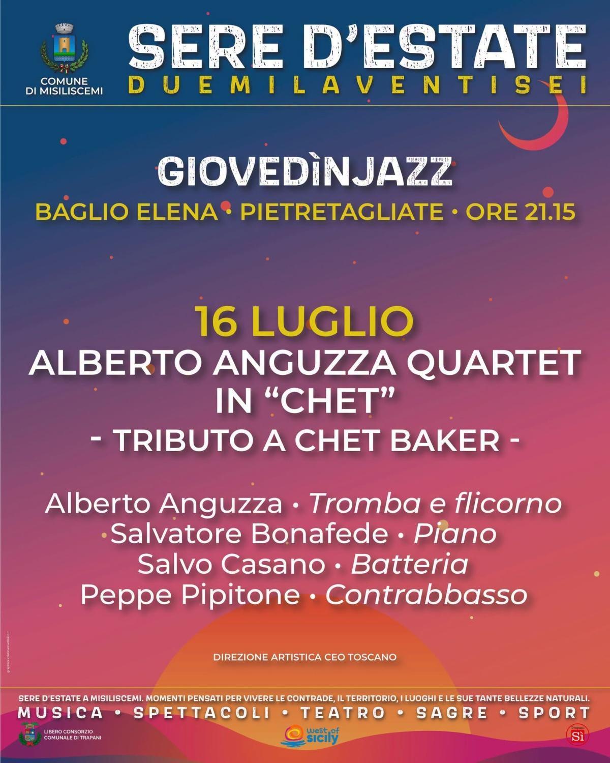 GiovedìnJazz - Alberto Anguzza Quartet in "Chet" - tributo a Chet Baker (Inizio ore 21.15)