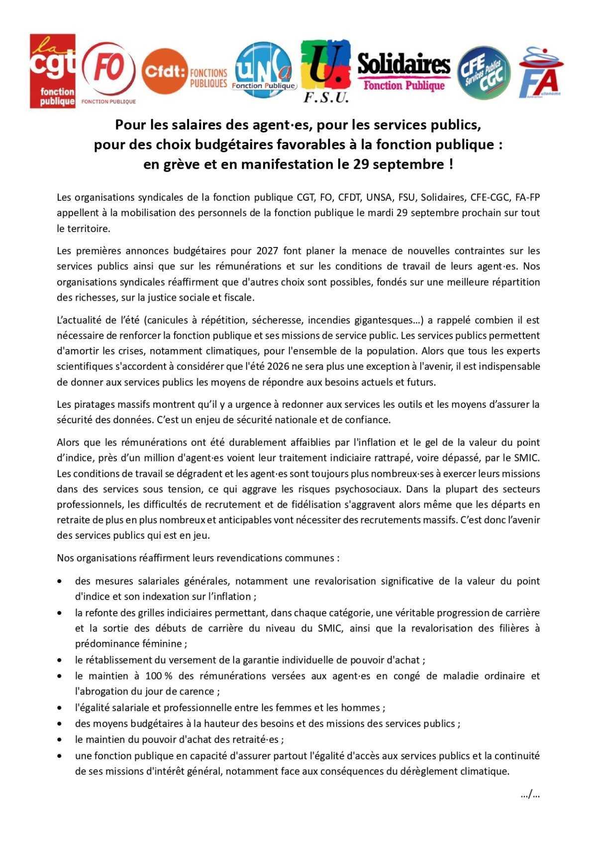Intersyndicale : Grève et manifestation du 29 septembre