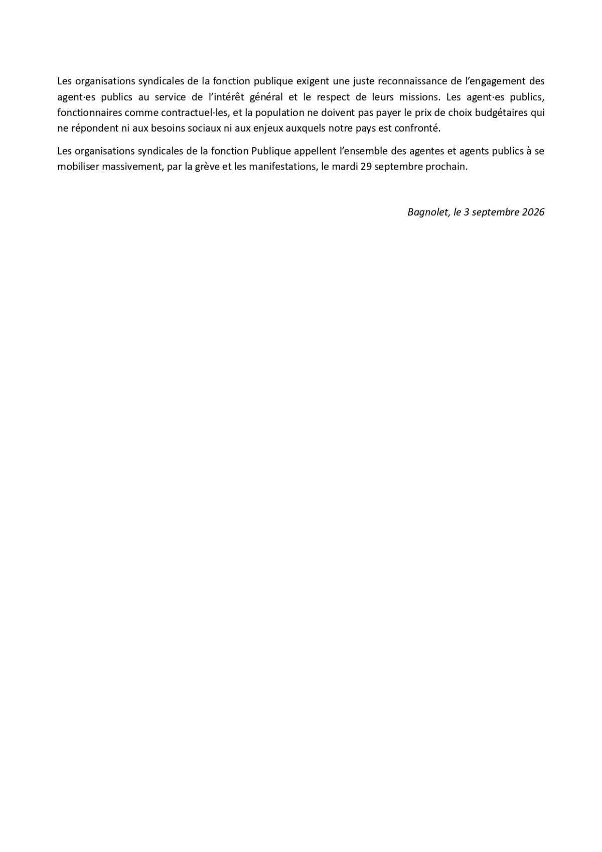 Intersyndicale : Grève et manifestation du 29 septembre