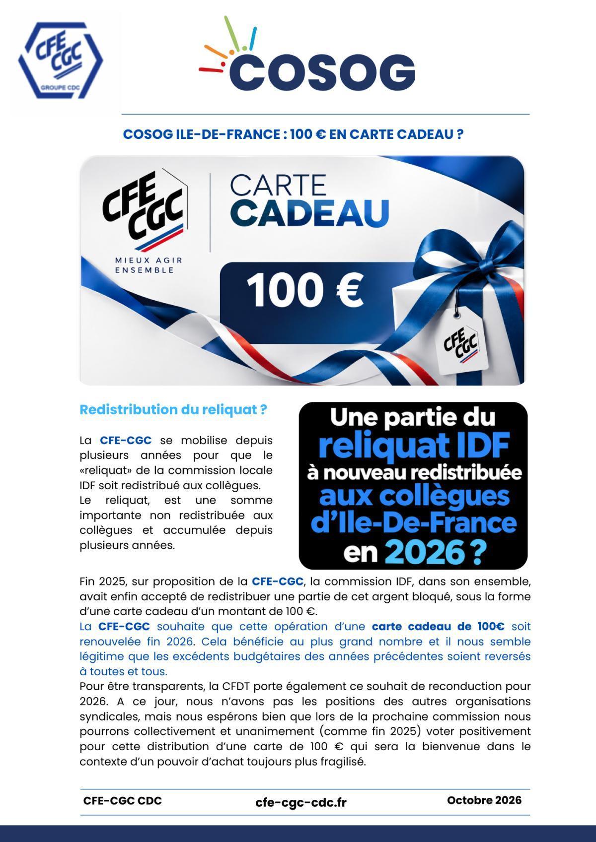 Cosog IDF : 100 € en carte cadeau fin 2026 ?