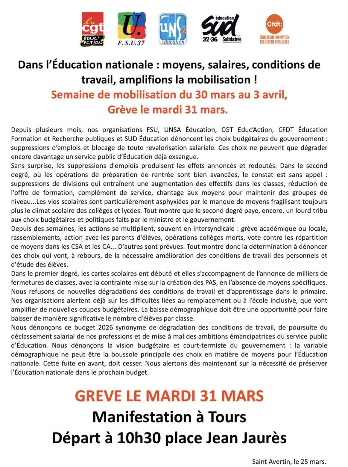 Dans l'Education nationale: moyens, salaires, conditions de travail, amplifions la mobilisation!