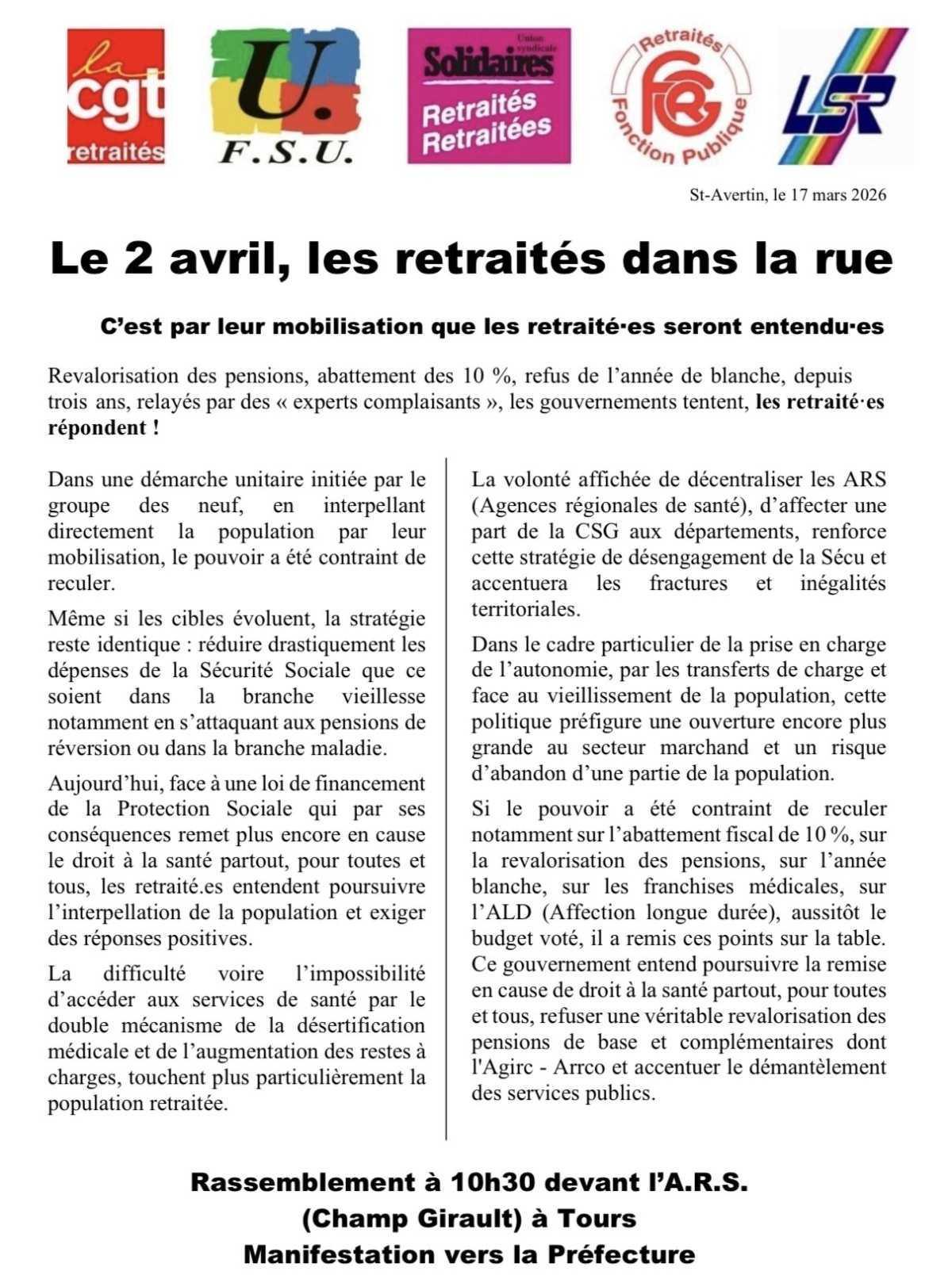Le 2 avril, les retraité.e.s dans la rue!