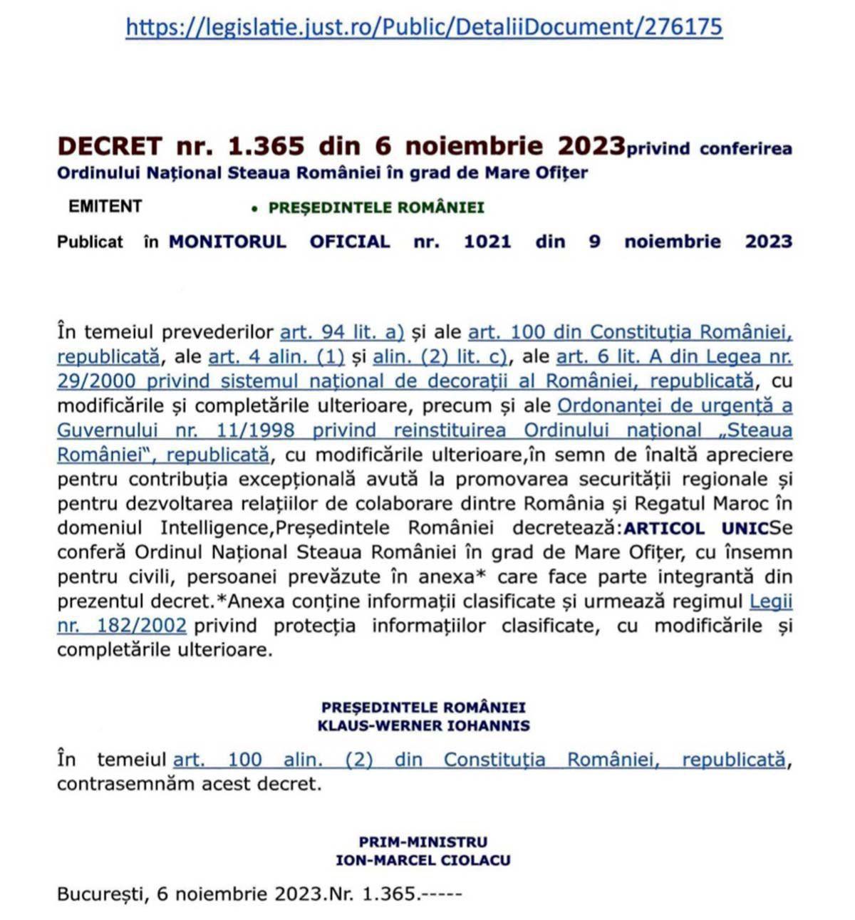 Yassine Mansouri de la DGED Marocaine reçoit le plus prestigieux "L'Étoile de la Roumanie" décerné par l'État Roumain