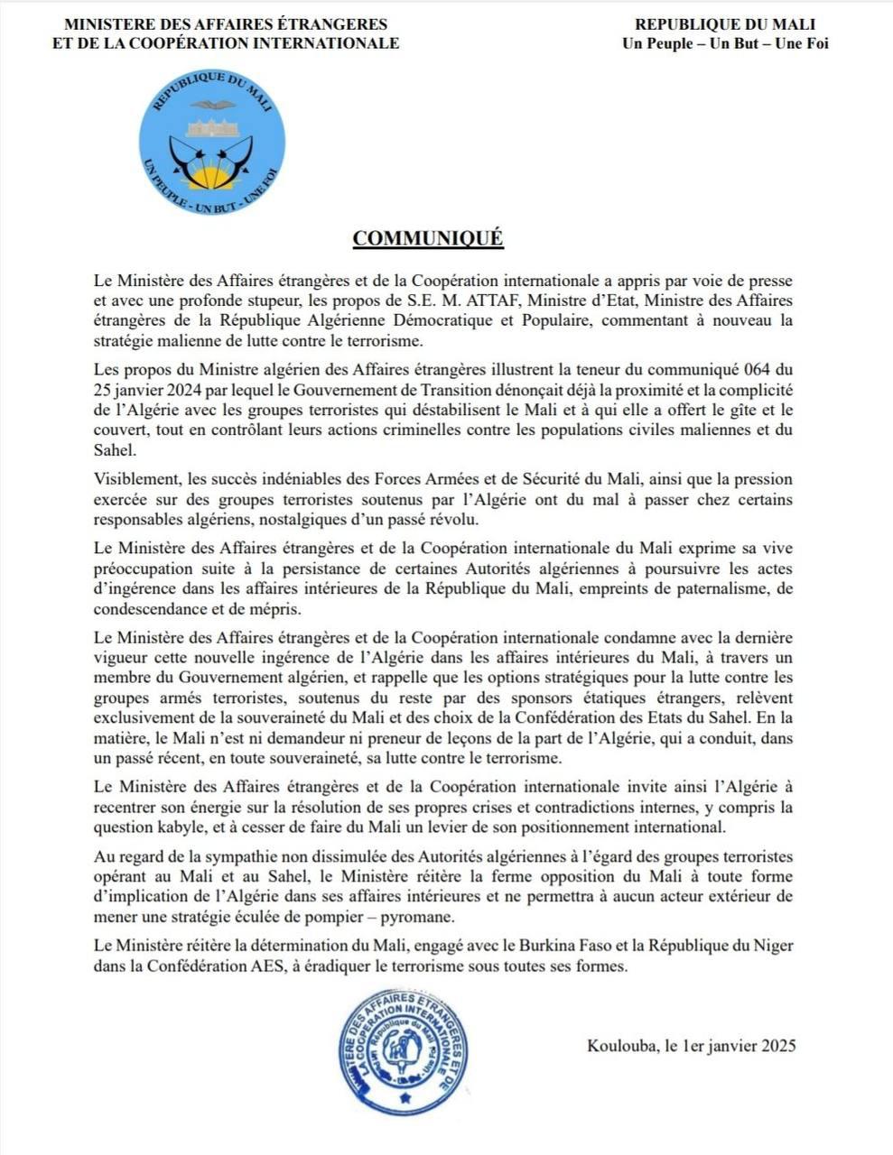 Le Mali accuse l'Algérie d'ingérence et de soutien au terrorisme