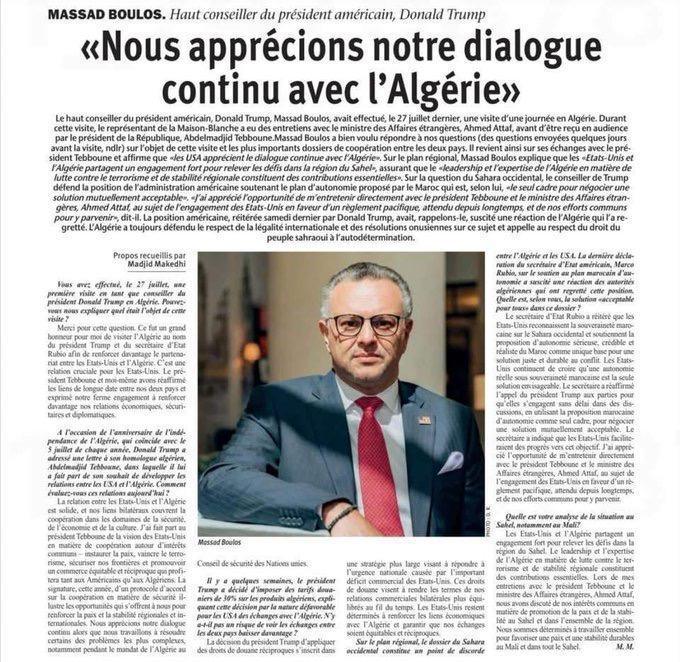 Un conseiller de Trump confirme à "La Nation" algérienne le soutien américain au plan d'autonomie marocain pour le Sahara Un conseiller de Trump confirme à "La Nation" algérienne le soutien américain au plan d'autonomie marocain pour le Sahara