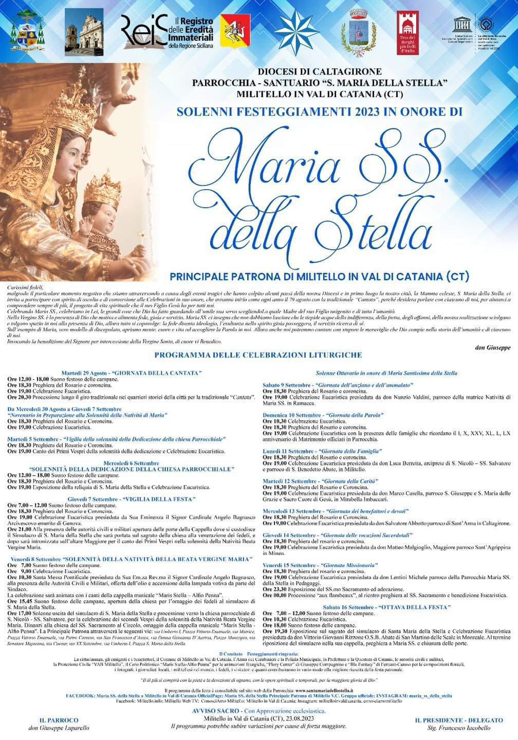 Festeggiamenti in onore di Maria Santissima della Stella - Principale Patrona di Militello In Val di Catania 29 Agosto - 6-7-8-16 Settembre 2023
