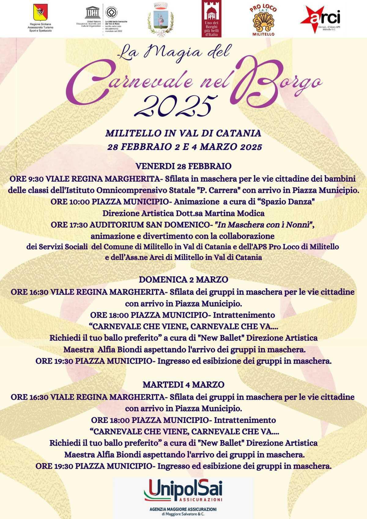 La Magia del Carnevale nel Borgo 28 Febbraio - 2 e 4 Marzo 2025 Militello In Val di Catania - Programma 