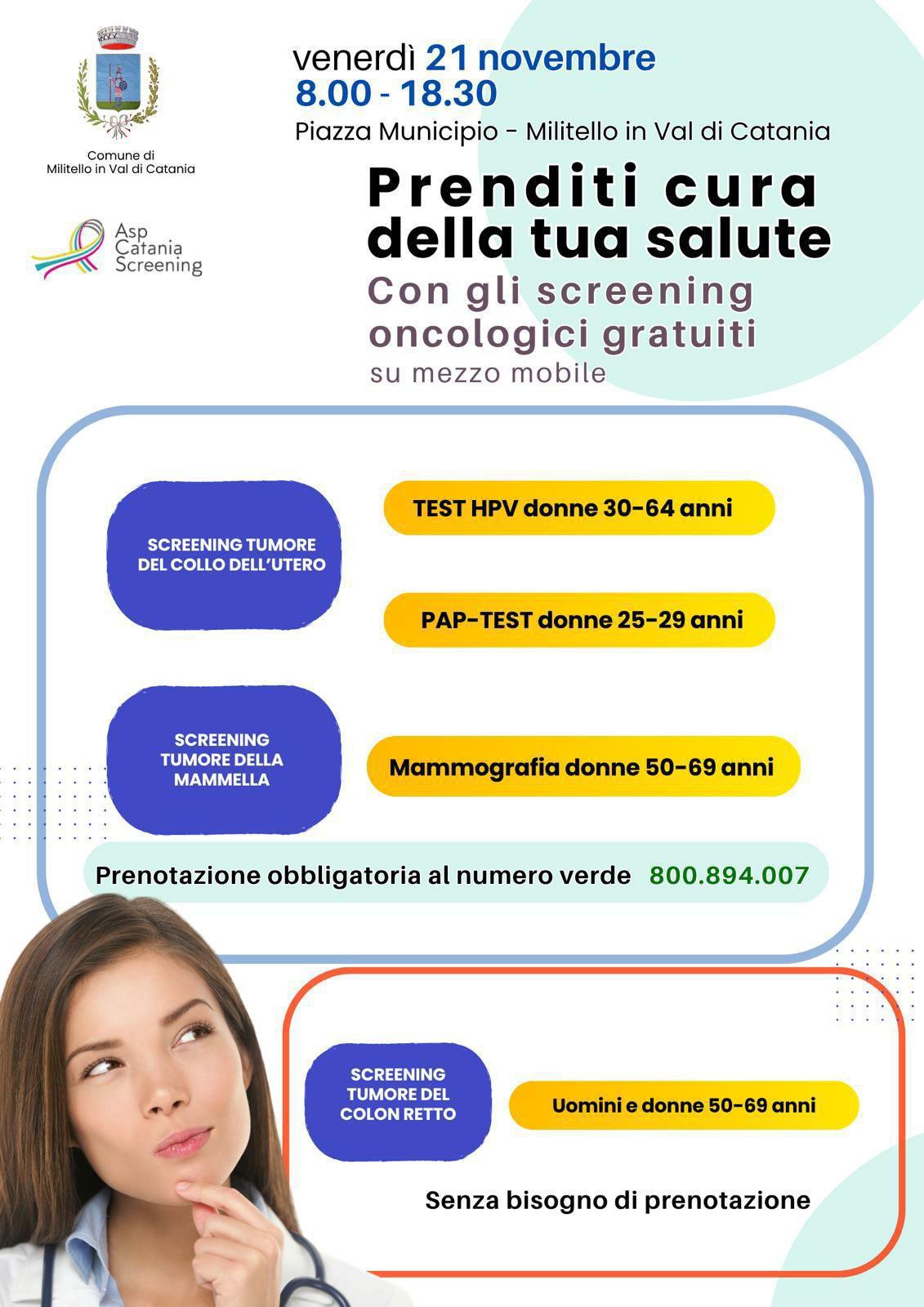 Screening oncologico su mezzo mobile a Militello in Val di Catania Screening oncologico su mezzo mobile a Militello in Val di Catania