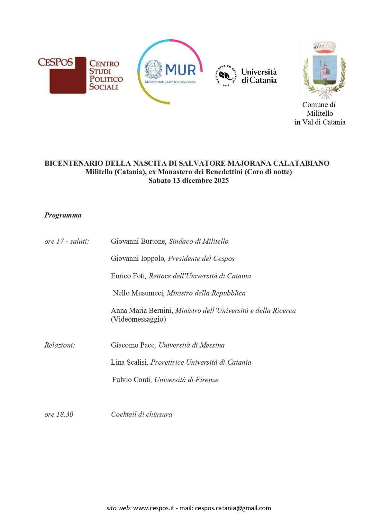 BICENTENARIO DELLA NASCITA DI SALVATORE MAJORANA CALATABIANO