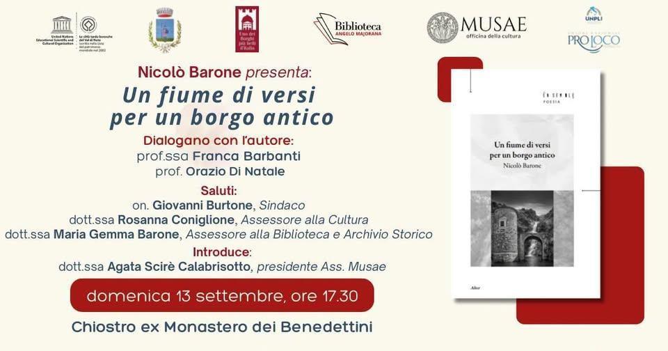 Presentazione del libro di Nicolò Barone: “Un fiume di versi per un borgo antico” (inizio ore 17:30)