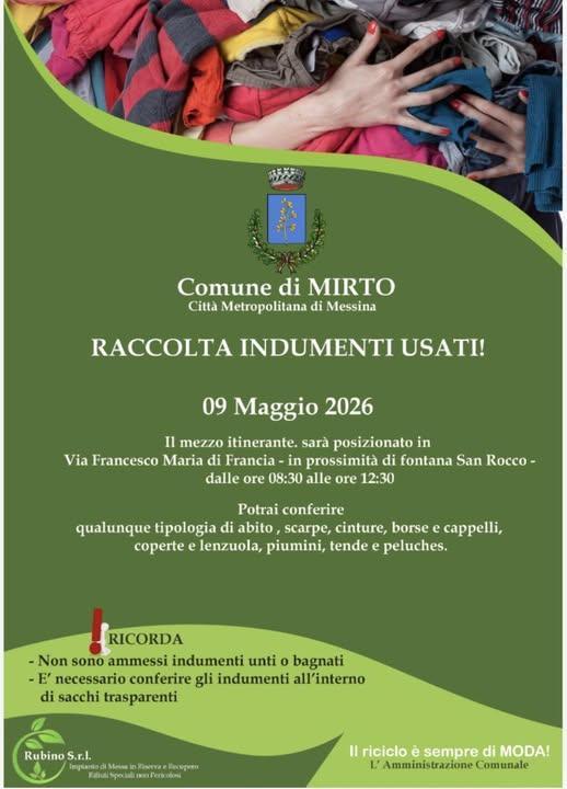 Raccolta Indumenti Usati (dalle ore 08:30 alle ore 12.30) Raccolta Indumenti Usati (dalle ore 08:30 alle ore 12.30)