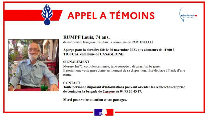 Disparition inquiétante d'un septuagénaire à Tiuccia, la gendarmerie lance un appel à témoins Disparition inquiétante d'un septuagénaire à Tiuccia, la gendarmerie lance un appel à témoins