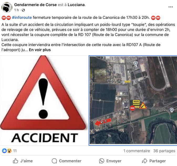 Accident à Lucciana : la route de la Canonica coupée ce mardi soir pour des opérations de relevage