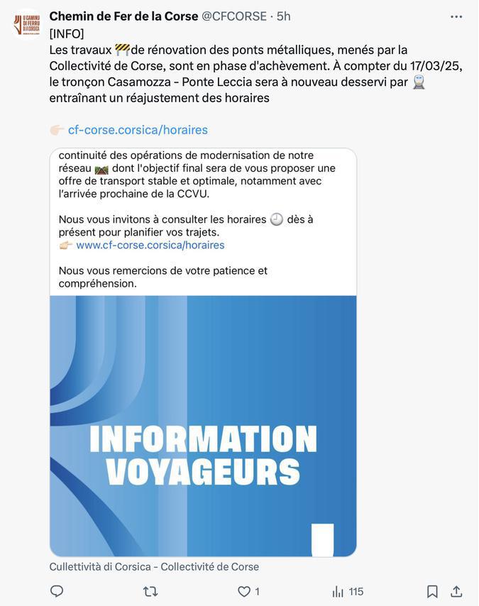 Le train entre Casamozza et Ponte-Leccia reprend du service après plusieurs mois d'interruption