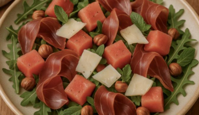 À table : Salade de pastèque, tomme de brebis, prisuttu et menthe