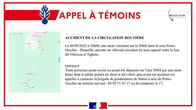 Un motard décède dans un accident à Sainte-Lucie de Porto-Vecchio : la gendarmerie lance un appel à témoins