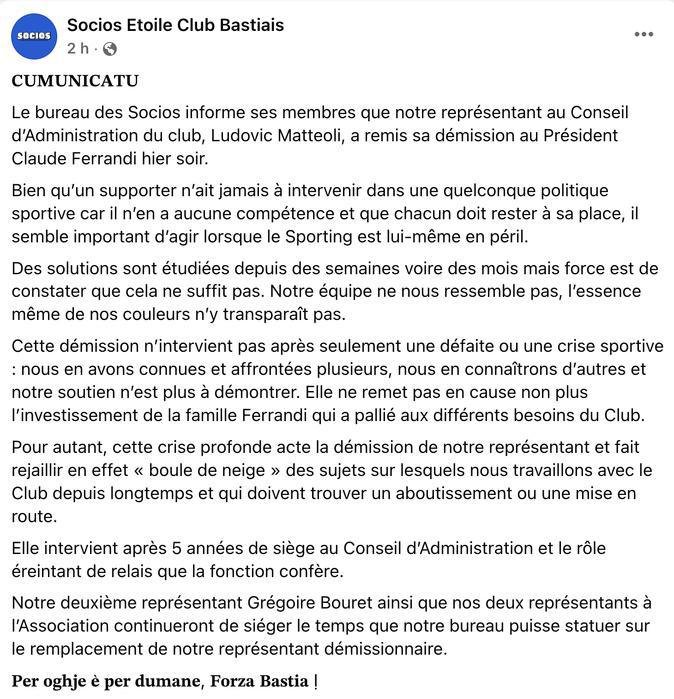 Les Socios du SC Bastia expriment leur inquiétude et annoncent une démission au sein du club Les Socios du SC Bastia expriment leur inquiétude et annoncent une démission au sein du club