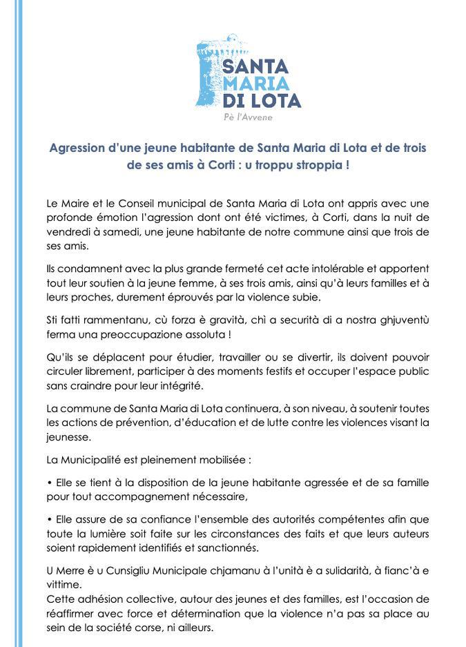 Agression à Corti : l’émotion et la condamnation de la commune de Santa-Maria di Lota Agression à Corti : l’émotion et la condamnation de la commune de Santa-Maria di Lota