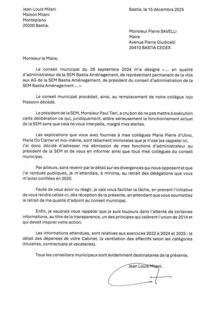 Bastia - Le 2e adjoint au maire, Jean-Louis Milani claque la porte de la majorité municipale Bastia - Le 2e adjoint au maire, Jean-Louis Milani claque la porte de la majorité municipale