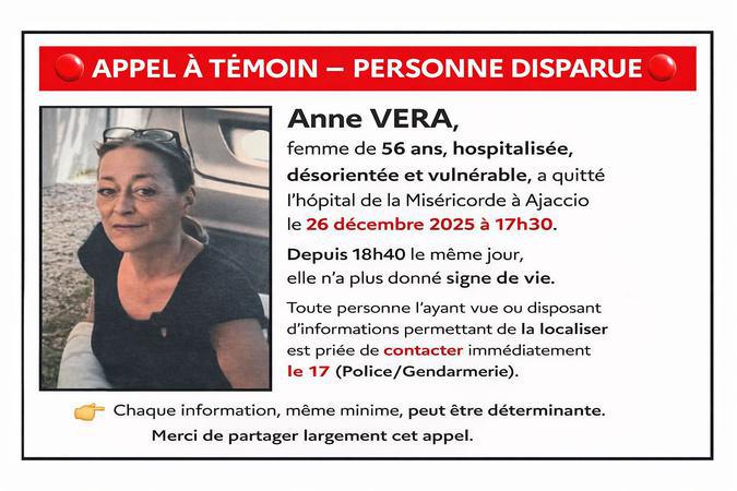 Ajaccio - Appel à témoins après la disparition d’Anne Vera, 56 ans Ajaccio - Appel à témoins après la disparition d’Anne Vera, 56 ans