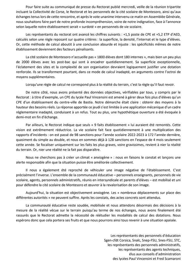Cité scolaire de Montesoro - Les représentants des personnels d’éducation persistent et signent