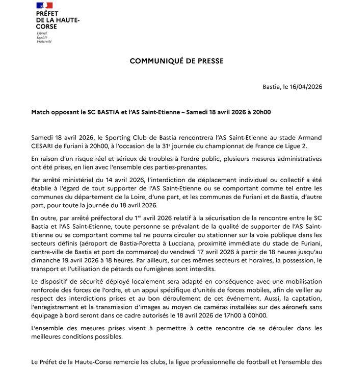 SC Bastia-AS Saint-Étienne : déplacement des supporters stéphanois interdit, sécurité renforcée 