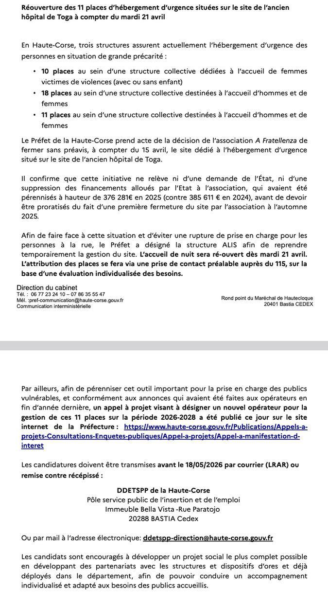 Hébergement d’urgence en Haute-Corse : l’État réagit après la fermeture brutale du site de Toga