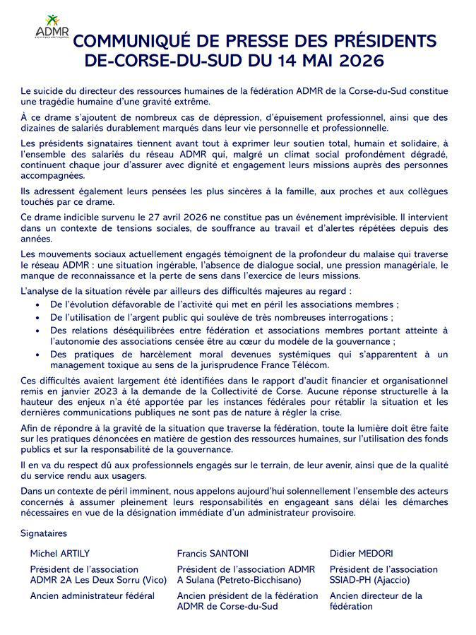 Drame à l’ADMR de Corse-du-Sud : trois anciens responsables réclament un administrateur provisoire