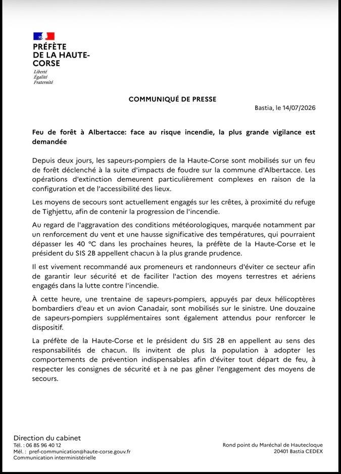 Feu de forêt à Albertacce : les autorités appellent à la plus grande vigilance Feu de forêt à Albertacce : les autorités appellent à la plus grande vigilance