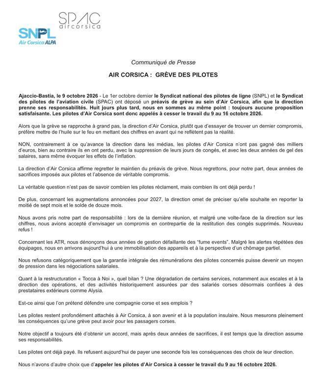 Grève des pilotes d’Air Corsica : les syndicats appellent à cesser le travail, la compagnie mobilise des affrètements