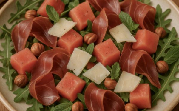 À table : Salade de pastèque, tomme de brebis, prisuttu et menthe