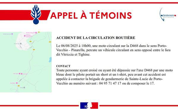 Un motard décède dans un accident à Sainte-Lucie de Porto-Vecchio : la gendarmerie lance un appel à témoins
